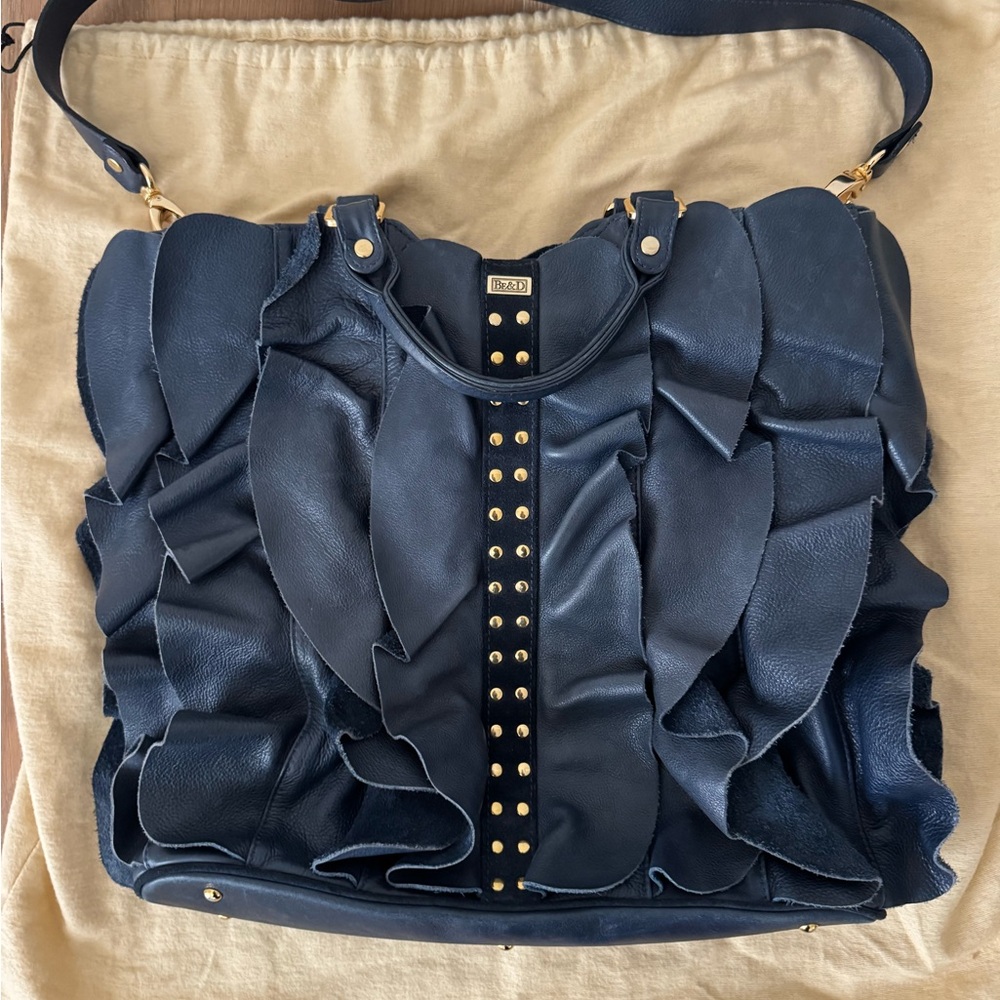 Be & D Black Ruffled Shoulder Bag with Gold Accents